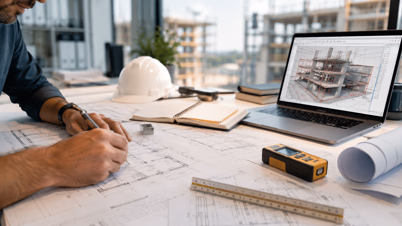 Plans techniques et modélisation d’un bâtiment sur un poste de travail