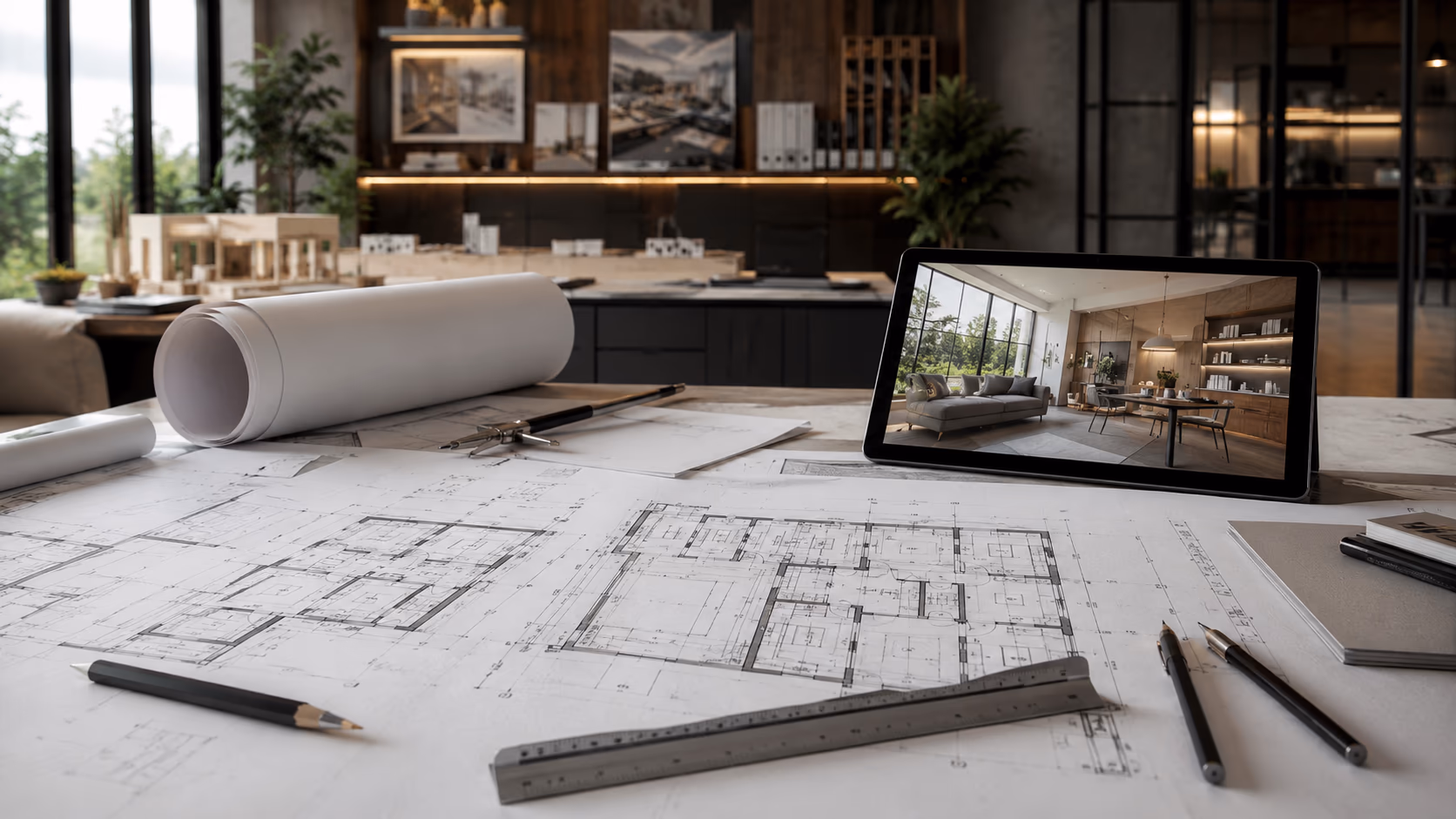 Plans de bâtiment et tablette présentant une projection d’aménagement intérieur.