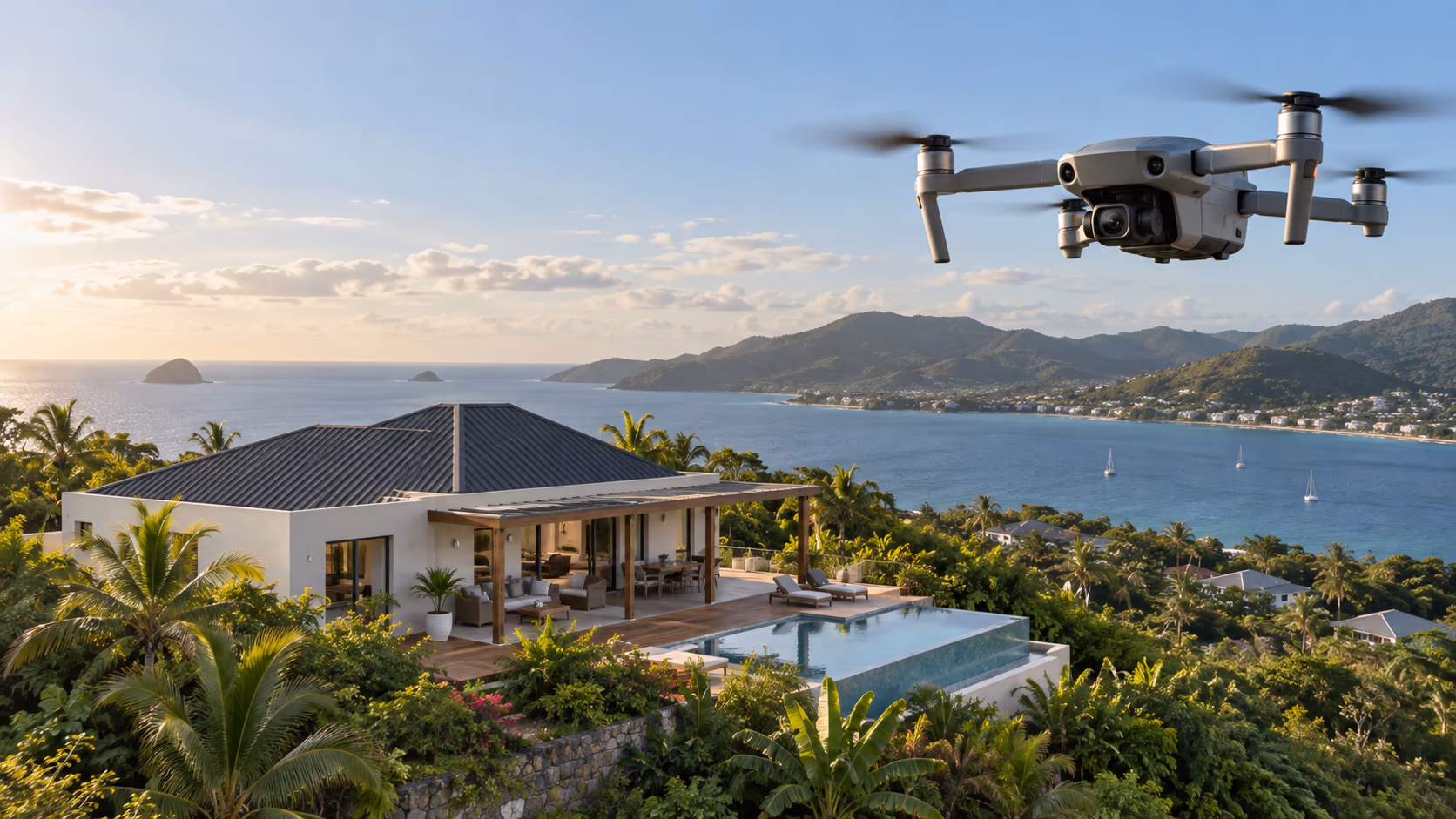 Prise de vue par drone présentant un bien immobilier et son environnement.
